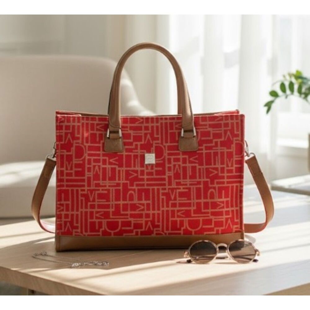 Diane Von Furstenberg Tote Bag Large Red Monogram Weekend Travel Canvas Leather